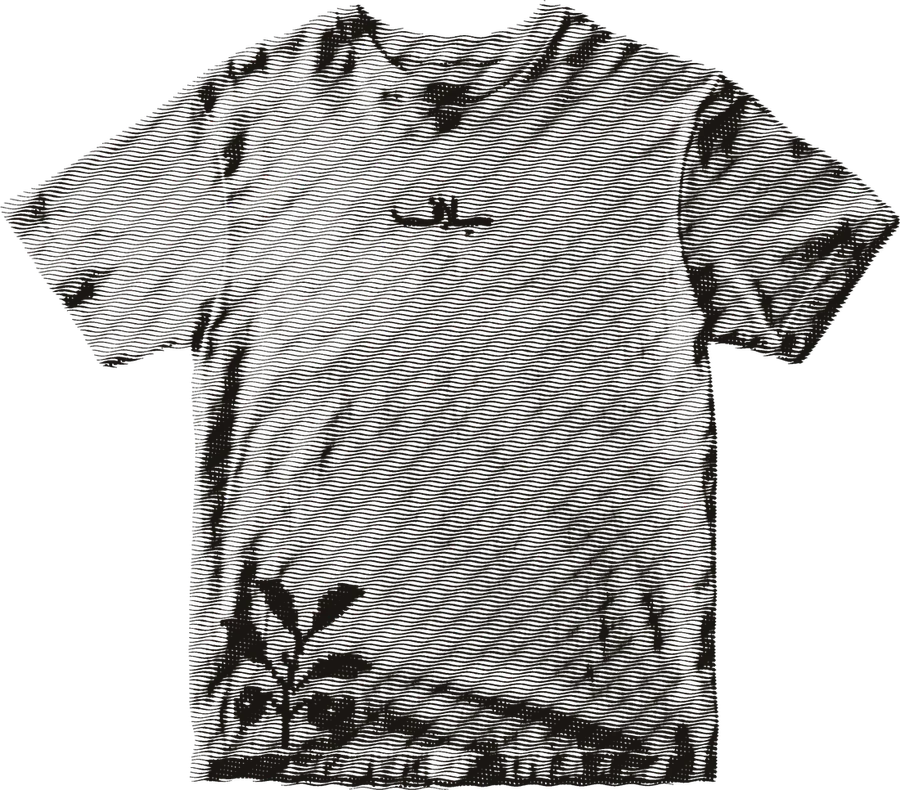 Engraved plate of the tee front: the سِلاف mark at the chest, a coffee branch with cherries at the hem